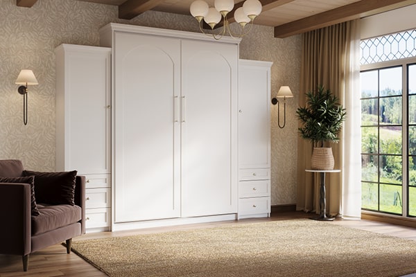 Arcadia Murphy Bed in white closed in decorated room.
